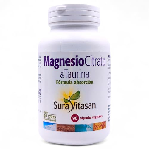 Sura Vitasan Magnesio Citrato y Taurina 90 Cápsulas Vegetales - Alta Absorción para Músculos, Huesos y Sistema Nervioso - Reduce el Cansancio y la Fatiga
