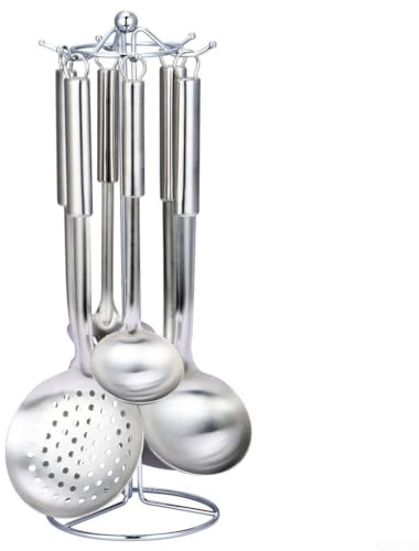 Juego de utensilios de cocina de acero inoxidable de 7 piezas con asas ergonómicas antideslizantes, resistentes al calor hasta 232.2 °C, estante de almacenamiento de diseño suave, fácil de limpiar