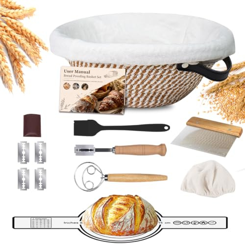 Gärkörbchen Sauerteig Starter Set, Gärkorb Rund 25cm mit Teigschneebesen, Silikonpinsel und Silikonmatte – Brotbackzubehör Kit für Brotliebhaber