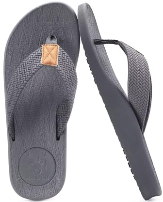 KuaiLu Mens Flip Flops Arch Support Comfortable Cushion Memory Foam Recovery Walking Waterproof Leather Thong Sandals Orthotic Plantar Fasciitis Summer Casual Beach Pool Slip on Slippers Grey 9