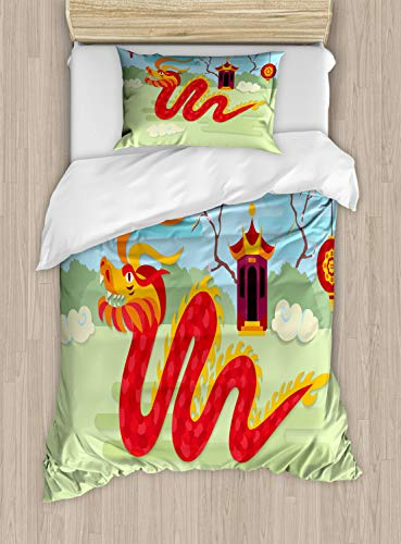 Ambesonne Dragon Duvet Cover Set, Illustration of Chinese Pavilion Bushes and Grass on The Background, Decorative 2 Piece Bedding Set with 1 Pillow Sham, Twin Size, Multicolor