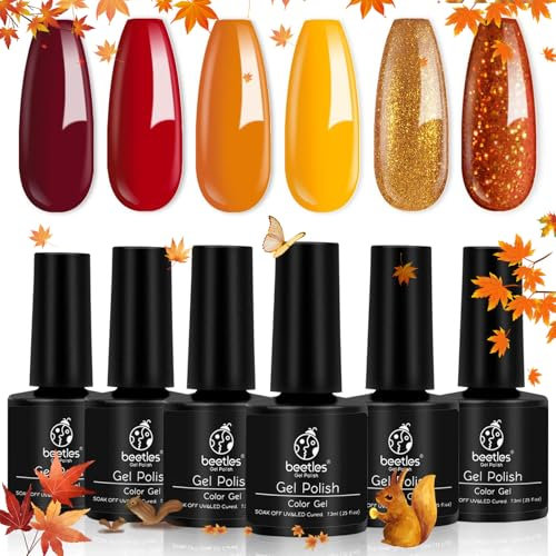 Beetles Gel Nail Polish Set, All Season Colours Yellow Orange Gold Glitter Red Soak Off UV Gel Salon Manicure Kit DIY at Home Nail Gifts for Women