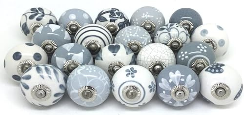 PUSHPACRAFTS 20 Hochwertige Keramik-Türgriffe - 20 Keramik knöpfe kanuf in Grau und Weiß, gemischte Designs, Schranktürknöpfe, Schubladengriffe (20)