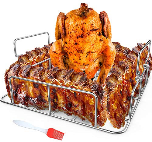 RUSFOL Beercan - Griglia per arrosto e costolette con spazzola per olio in silicone, supporto quadrato in acciaio inox per affumicatore, forno e grill, per cuocere fino a 4 costolette e un pollo