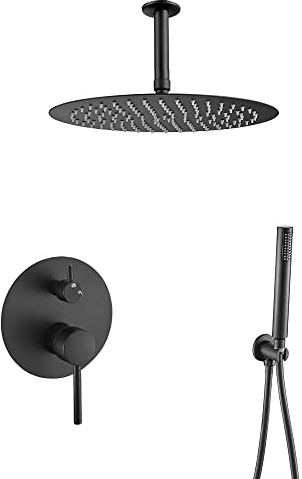 VALAZ Unterputz Duscharmatur Schwarz Matt | Duschsystem mit Regendusche Regeneffekt | 2-Wege-Einhebeldusche, Edelstahl, Kopfbrause 20cm | Schnelle Deckenmontage, Elegant, Jucar-serie