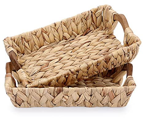 BSTKEY Lot de 2 paniers de rangement en jacinthe d'eau - Panier de rangement rectangulaire tissé à la main en osier naturel avec poignées en bois - 30 x 20 cm