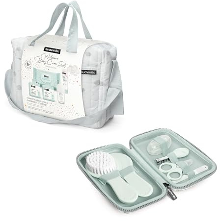 Suavinex, Bolso Carro Bebé con Cosmética y Set Manicura para Recién Nacido. Incluye Gel Syndet, Pomada Pañal, Baby Cologne, Toallitas, Cepillo Peine, Lima, Cortauñas, Cepillo Dental, Verde