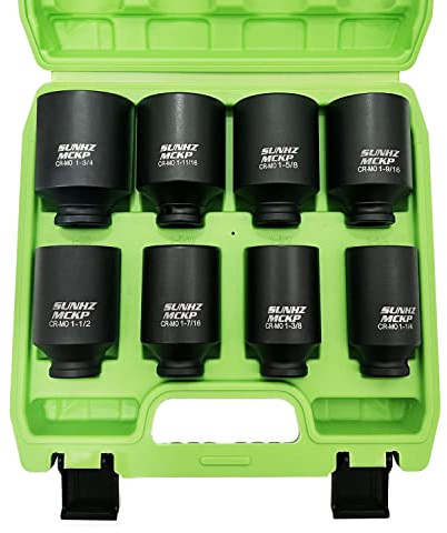 SUNHZMCKP 1/2 Drive Deep 6-Point Impact Socket Set, 8-Piece Standard SAE Spindle Axle Nut Impact Socket Set, Cr-Mo, 1-1/4-Inch to 1-3/4-Inch Size