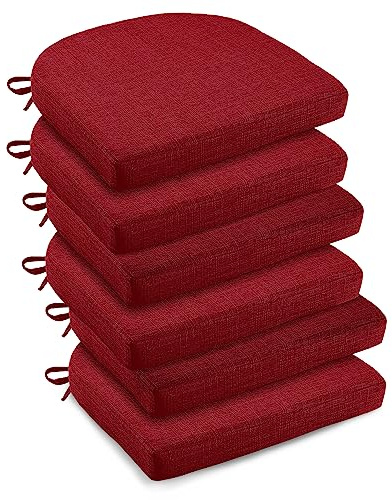 downluxe Indoor Chair Cushions for Dining Chairs, Soft and Comfortable Textured Foam Kitchen Chair Pads with Ties and Non-Slip Backing, 16 x 16 x 2, Red, 6 Pack