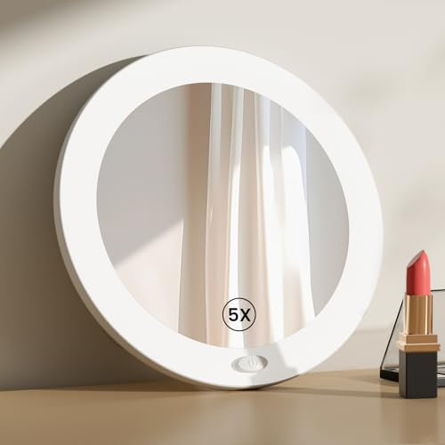 EMKE Led Magnifying Mirror, Compact Mirror with Lights 5X Magnifying Mirror with Suction Cup, Shower Cosmetic Mirror Portable Makeup Mirrors for Travel, Makeup, Shaving, Eyebrows, 167x167mm
