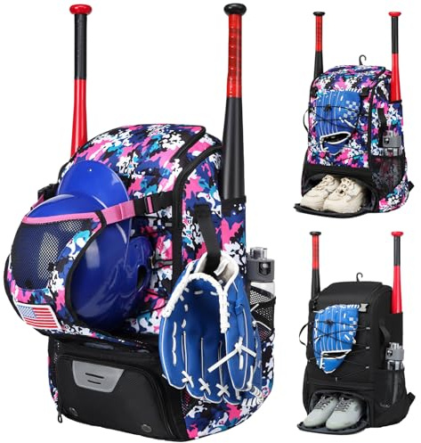 Softball Bat Bag for Youth & Adults, Baseball Equipment Bag with Fence Hook, Lightweight Bat Backpack with Shoe Compartment, Large Main Compartment for Helmet - Pink