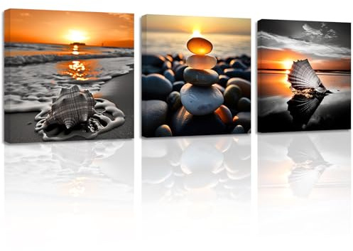 ZXHYWYM Badezimmer Wanddekoration 3 teilig Sonnenuntergang Strand Bild Muschel Felsen Muschel Meer Welle Leinwanddrucke Ozean Kunstwerk Gerahmt (Bild-1, (30.00 x 30.00 cms x 3 Teilig))