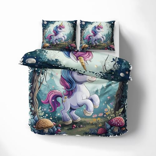 WQIZXCW Einhorn Bettwäsche 200x200 - Unicorn Motiv, Weiche und Angenehme Microfaser Bettbezug Set 3 Teilig, 2 Kissenbezug 80x80, mit Reißverschluss, Wendebettwäsche & Zimmer Deko