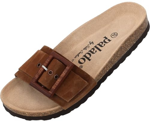 Palado Malta Wood by Sila Sahin - Sandalias modernas de 1 correa para mujer, zapatillas con suela de corcho natural, zapatos cómodos con suela de ante fino, Marrón, marrón oscuro., 42 EU