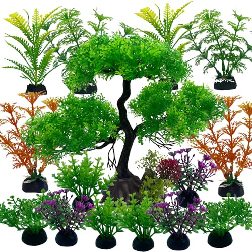 Vibury Décoration D'aquarium Les Arbres, 16 Pièces Vert Plantes Artificielle Aquarium Deco, Terrarium Plante Décoration pour Aquarium