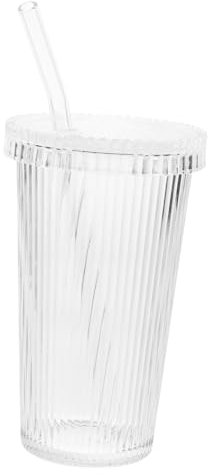 NAMOARLY Vaso De Vidrio Con Pajita y Tapa Diseño De Rayas Verticales Reutilizable Para Café Helado Té Con Leche Jugo Uso Doméstico y Oficina Capacidad Transparente