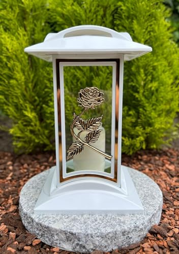Grablampe Grablaterne mit Rosen Motiv 27 cm H. Gold Farbe Grabkerze Kerze Grabkerze Grablicht Gartenlampe Laterne inkl. Kerze NEU NEU