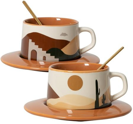 SHENDONG Latte Art Mugs Ceramic Coffee Sets of 2,Novely Tea Cups with Spoons,Creative Oasis series Mugs,250ml Coffee Cups for Cappuccino Latte Mocha,Gifts for Women and friends(Desert And Cactus)