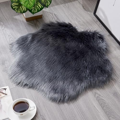 YUGWNN Dunkelgrau Flokati Teppich Waschbar Bettvorleger Fell,Kunstfell Stuhlauflage Dekofell,BlüTendurchmesser 60cm/23.6in