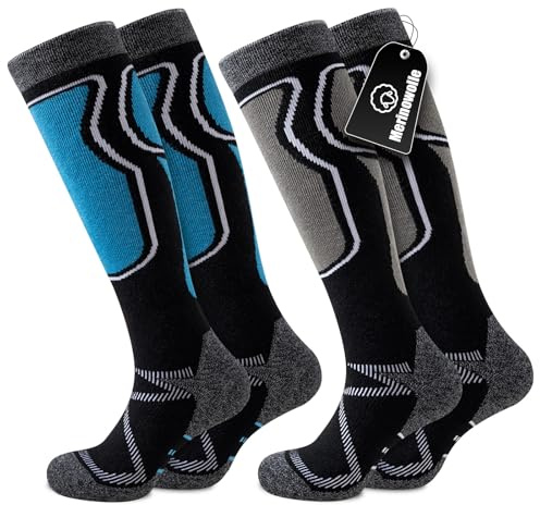Effeet 2 Paar Skisocken aus Merinowolle für Herren Damen, Warme Gepolsterte Thermosocken Weich Winterstrümpfe, Kniestrümpfe mit Polsterung für Snowboarden Skifahren Jagen Wandern Blau & Schwarz 43-46