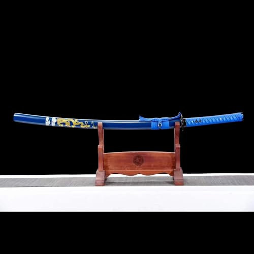 Katana mit Musterstahl Klinge,Traditioneller Schmiedeprozess,Scheide aus Massivem Holz mit Drachenmuster,103cm Samurai-Schwert für Kendo,Selbstverteidigung,Iaido,Dekoration,Kampfsport,Sammeln,Cosplay