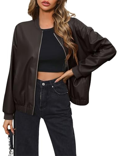 Femme Veste en Simili Cuir Décontracté Style PU Biker Blouson Cuir PU Chic Veste Noir, Marron, Kaki, Couleur Unie, Veste sans Capuche Zippé Legere Pas Cher,Café,L