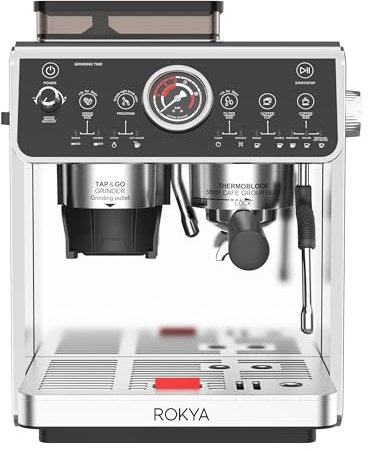 Rokya R1 Bean-to-Cup Coffee Machine | 20 Bar Semi-Professional Espresso Maker with Dual Boiler & Cone Grinder | Milk Frother, Steam Wand & Removable Bean Box | Compact for Home Kitchen
