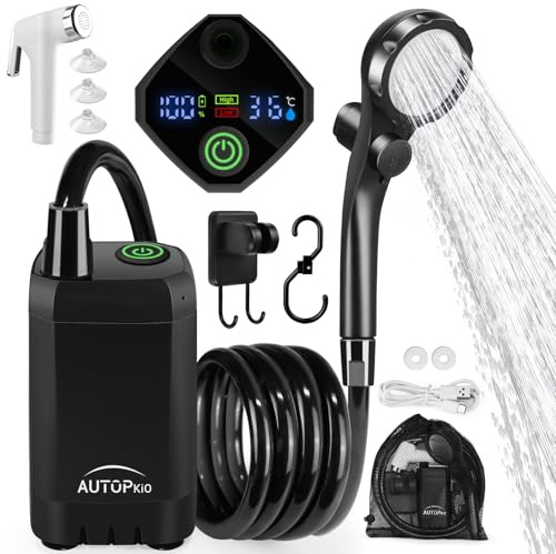 AUTOPkio Portable Shower, Upgraded Camping Shower 6000mAh Rechargeable Pump & Battery with Intelligent Digital Display for Outdoor, RV, Pet, Car Washing (Black)