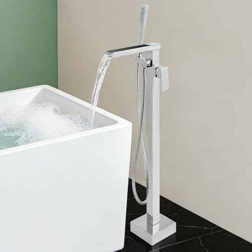 Freistehende Badewannenarmatur Armatur mit Handbrause 360° Schwenkbar Freistehende Wannenarmatur Bodenmontage Freistehende Badewanne Klassisch Badewannen Armaturen Set (Silber)