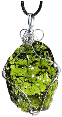 Moldavite Necklace with Rope, Wire Wrapped Glass Moldavite Crystal Necklace, Healing Meteorite Rock for Women Men