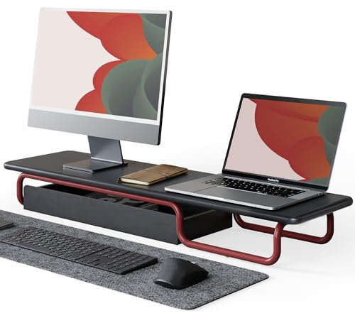 Fenge Monitorständer, 95cm, Massiv-Eiche & Metall, für Laptop PC TV,Schwarz | 2 Geräte, Bis 50kg, Ohne Montage, Schublade, Ästhetisch, Rutschfeste Füße, Bildschirm Computer Drucker Schreibtisch Büro Home