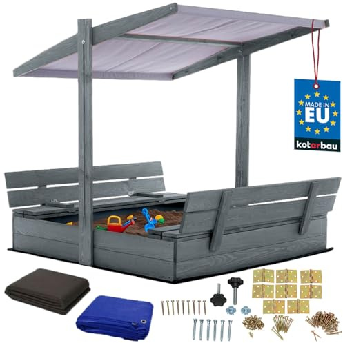 KOTARBAU® Arenero con cubierta, 120 x 120 cm, grande, gris, de madera, con techo gris, arenero con tapa, caja de arena con techo, juguete de jardín para niños, impregnado con cierre con bancos