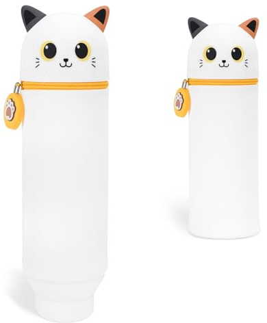 VynyQoo Federmäppchen 2 en 1, Stiftehalter Erweiterbar Mäppchen, Kawaii Federmappe, Etui Mädchen Federtasche para Schule & Büro, White cat