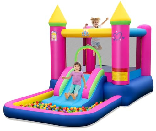 COSTWAY 4-in-1 Castello Gonfiabile per Bambini, Castello a Tema Principessa con Scivolo, Area Salto, Canestro da Basket e Vasca per Palline, Giochi Gonfiabile per 3-12 Anni (Senza Soffiatore)