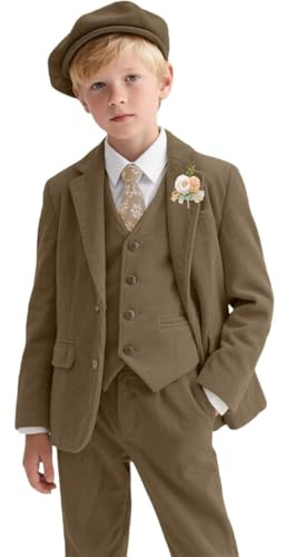Completo da ragazzo 3 pezzi in corduroy: giacca, gilet, pantaloni, per matrimonio o ballo di fine anno, non include cappello, Marrone chiaro, 6 anni