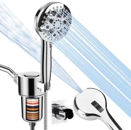 Filtered Shower Head with Handheld, High Pressure 9 Spray Mode Showerhead with Filters, 20 Stage Shower Filter Head for Hard Water, Anti-clog Nozzles, 59 Hose,Showerhead with Built in Power Wash Mode