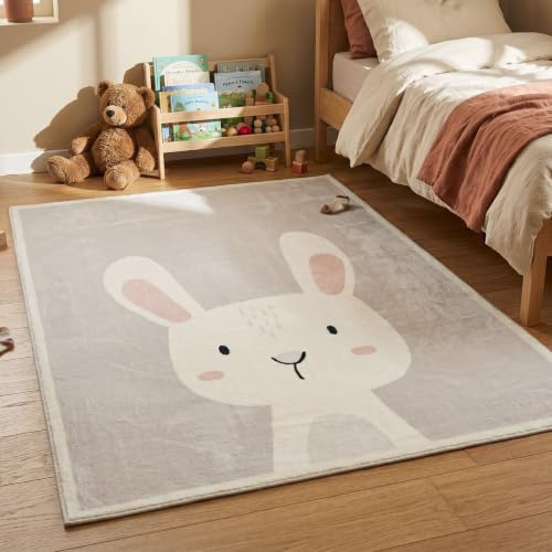 Little Olly Waschbarer Spielteppich - Simba Bunny Weiß - 120x170 cm | Tier - Krabbeldecke - Spielmatte - Kinderzimmer, Babyzimmer - Jungen - Mädchen