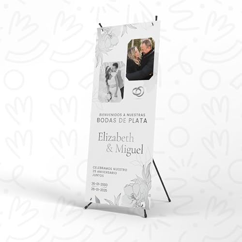 Photocall Personalizado Bodas de Plata con Fotos y Textos de 70x180cm - Contiene Xbanner y Pancarta - Cartel de Bienvenida ideal Para 25 Aniversario de Boda - Ideal para Decoración (Modelo 2)