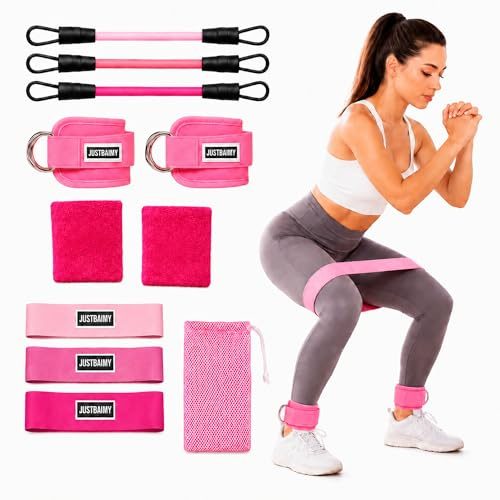 JUSTBAIMY- Set Bandas Elásticas Musculación y Tobilleras Polea Gym con elásticos de Resistencia- 3 Niveles de Fuerza- QR Ejercicios