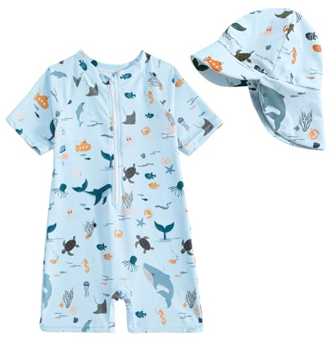 JiAmy Baby Boys Swimming Costume with Sun Hat Short Sleeve Zip Up Rash Guard Sun Protection Beach Swimsuit Infant Toddler One Piece Bathing Suits Blue 3-4 Years