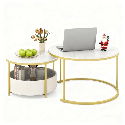 LIFEZEAL Lot de 2 tables de salon pour café, salon, rondes, empilables, dorées, or et blanc, effet de marbre, table latérale de canapé, 2 étagères, avec boîte, décorative, moderne