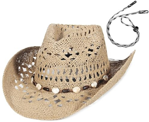 GEMVIE Straw Cowboy Hat for Women Ladies Summer Beach Straw Hat Shapable Brim Western Cowgirl Sun Hat with Turquoise Band and Chin Strap Khaki+band2（7-7 1/4）