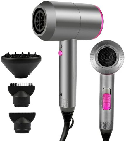 Ionen Föhn Haartrockner AC-Motor Haartrockner, Dekuri Schnelltrocknender Hair Dryer, Fön mit 3 Temperaturstufen, 2 Gebläsestufen, 3 Stylingdüsen & Diffusor (Grau)