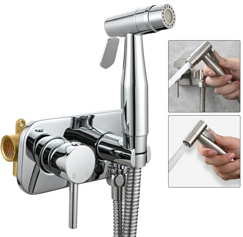 Douchette WC Eau Chaude et Froide, 2 Modes de Jet avec Doux et Puissant, Kit Douchette Toilette Encastrable Chrome, Mitigeur Bidet en Laiton pour Hygiène Intime, Tuyau 1,5m et Lavage Animaux