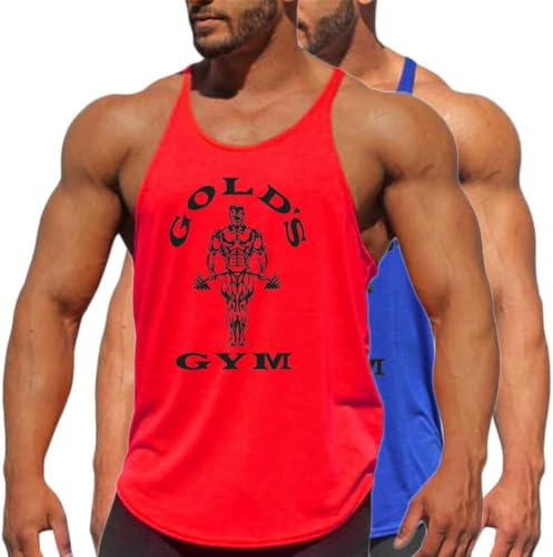 Herr muskel gym stringer linne för träning bodybuilding sport väst brottarrygg ärmlös t-shirt träningsväst, Rött blått, M