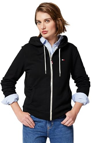 Tommy Hilfiger Damen Kapuzenjacke aus French Terry mit Reißverschluss, einfarbig Kapuzenpullover, schwarz, S