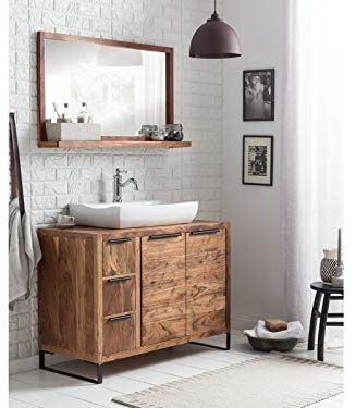 Woodkings Badset Sydney 2teilig I Waschtisch 105x45 mit Spiegel aus Echtholz Akazie hell I Waschtischunterschrank Holz Badmöbel für Badezimmer oder Gästebad