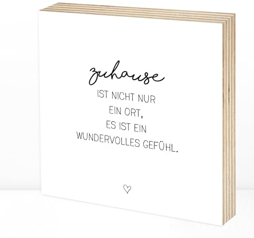 Wunderpixel® Holzbild Zuhause ist - 15x15x2cm zum Hinstellen/Aufhängen, echter Fotodruck mit Spruch auf Holz - schwarz-weißes Wand-Bild Aufsteller - zur Dekoration oder als Geschenk-Idee