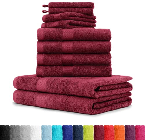 BaSaTex Frottee Handtuch Komplett Set, Bordeaux | Öko-Tex Made in Green Zertifiziert, Se aus 4X Handtuch, 2X Duschtuch, 2X Gästetuch, 2x Waschhandschuh