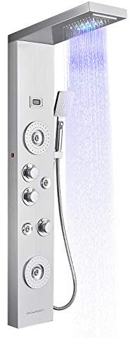 OUGOO LED Duschpaneel mit Armatur, 5 Funktionen Duschpaneele Komplett mit Temperaturanzeige, Regendusche, Wasserfalldusche, 2 Modi Massagedüsen, Handbrause und Wanneneinlauf, Edelstahl Panel Gebürstet